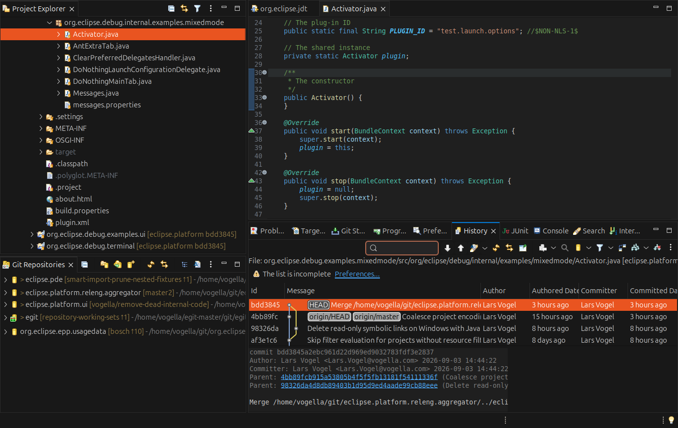 The Eclipse IDE with the VS Code Dark theme