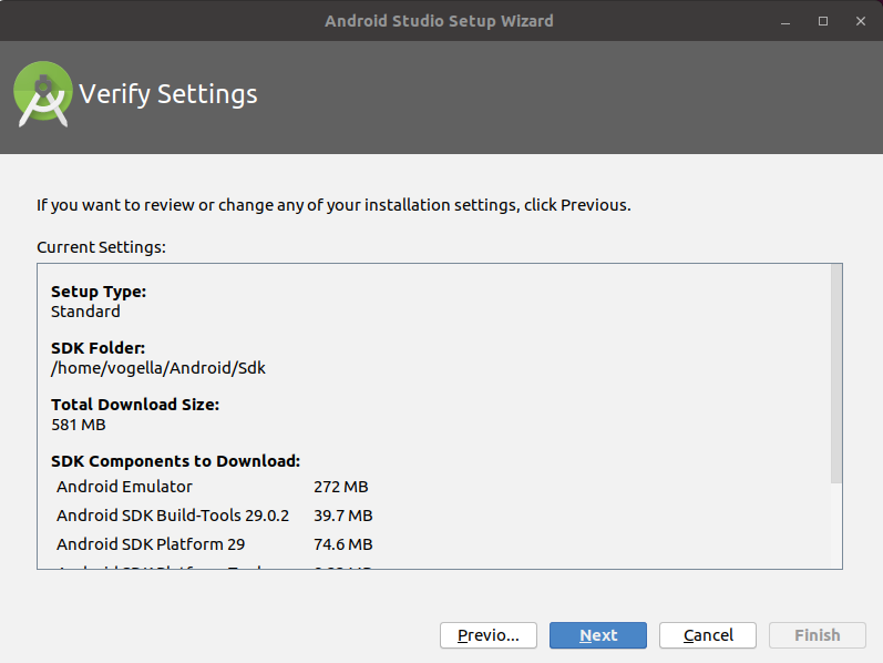 Configuration wizard of Android Studio