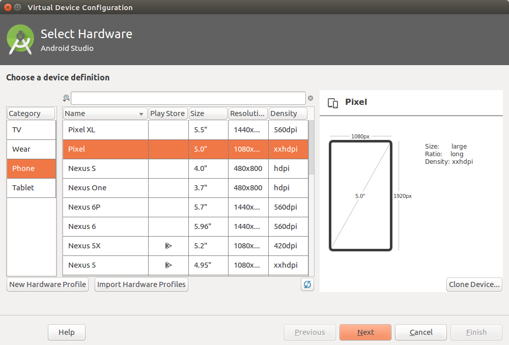 Settings for a new AVD