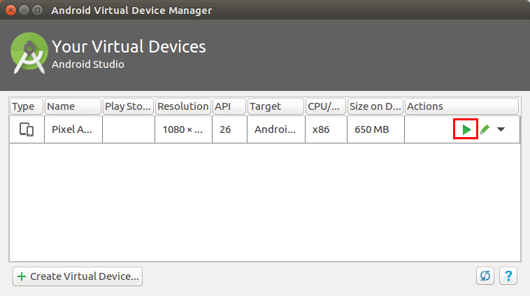 Settings for a new AVD