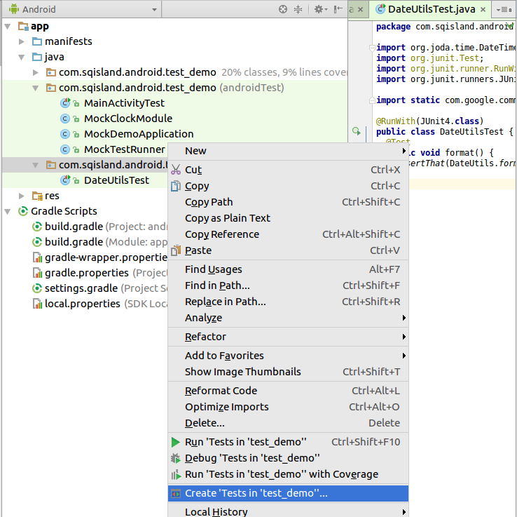 gradle - Right click and create JUnit tests in Android Studio