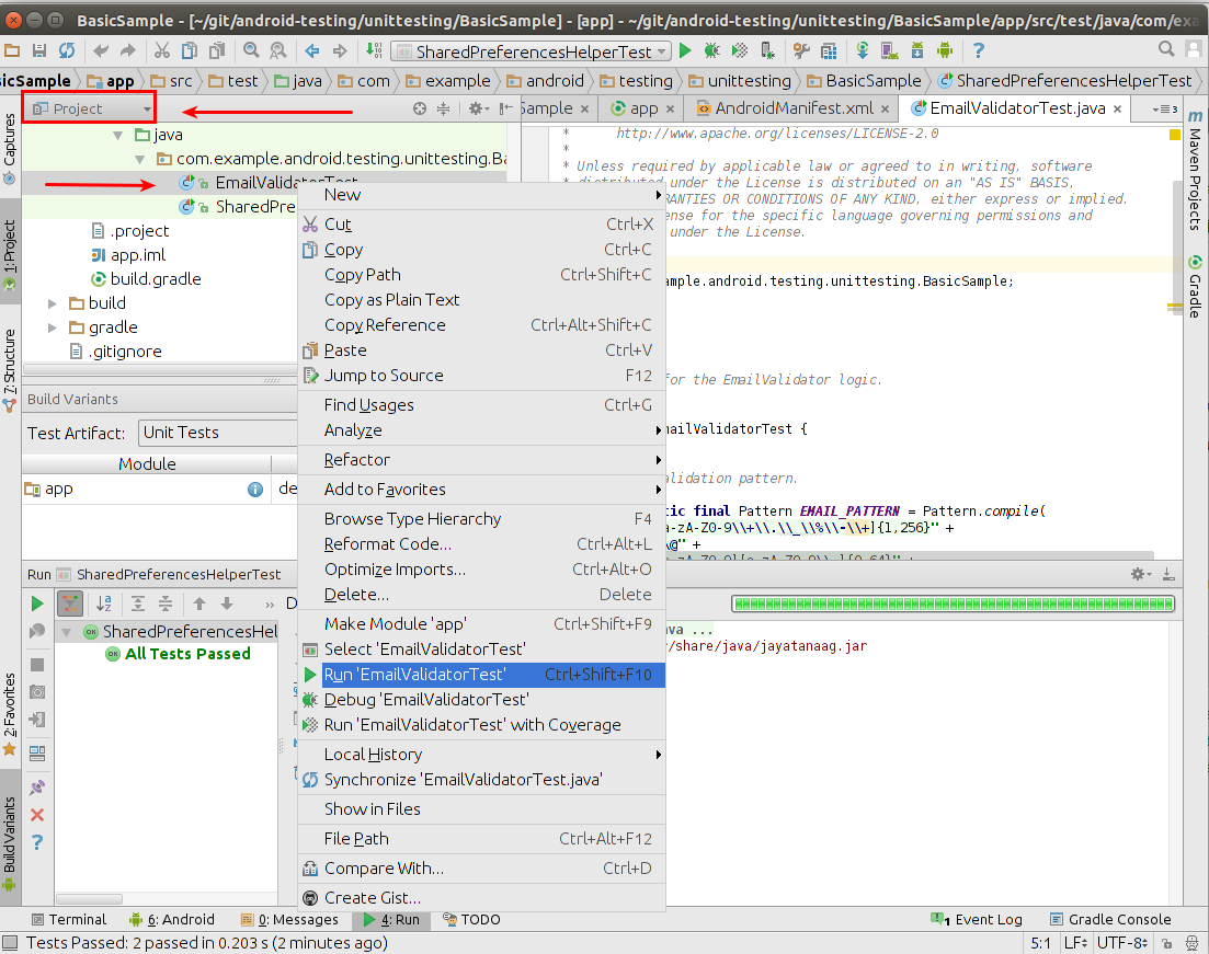 Running Unit tests in Android Studio