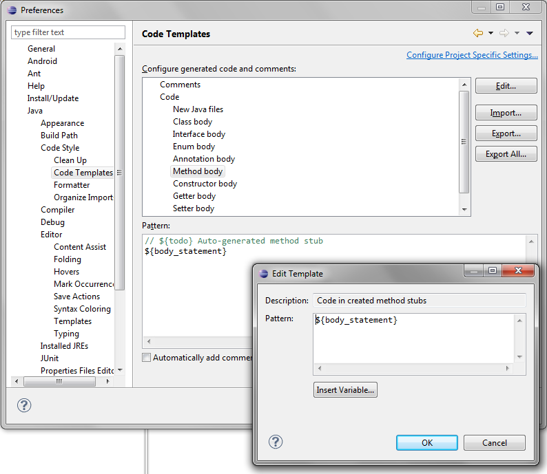 Removing the todos from the Java code templates