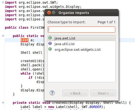 Dialog for selecting the correct import statement