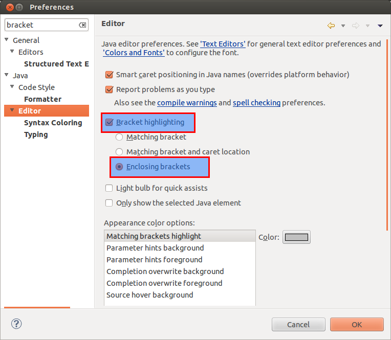 Highlight the enclosing brackets in JDT