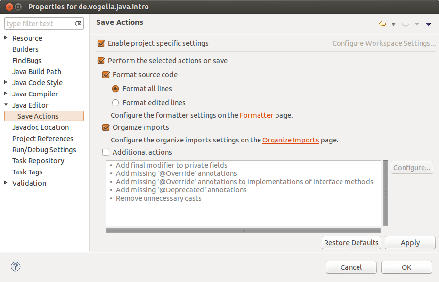 Preference settings per project