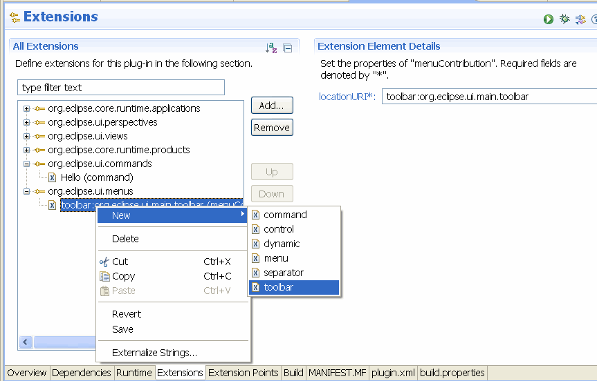 Adding menus, toolbar and popup menus to the Eclipse IDE Tutorial