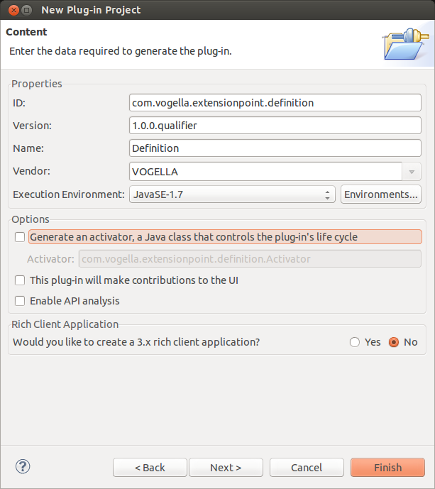 Project Wizard to create the plug-in which defines the extension
