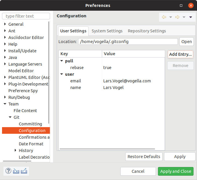 Configuration of EGit user and email defaults