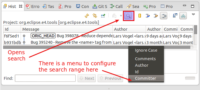 Search in the Git history view