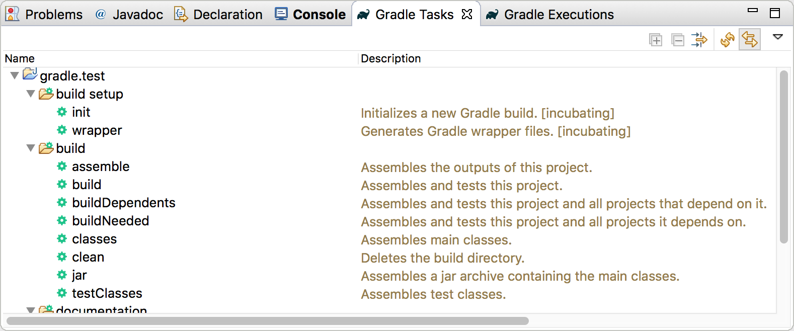 The Gradle task view