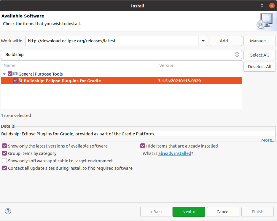 Eclipse Gradle installation via the update manager