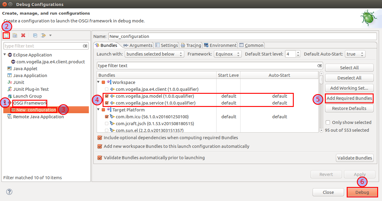 OSGi framework debug configurations