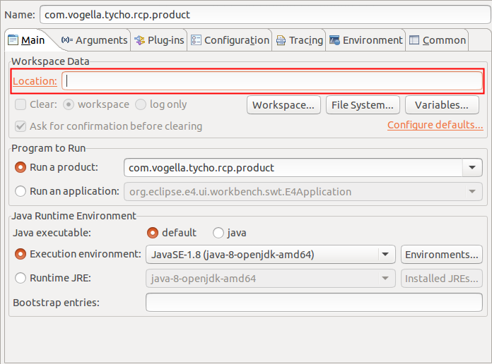 Empty workspace location in run configuration