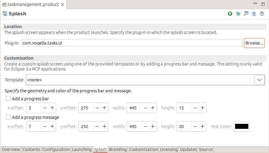 Show the tab splash from the product configuration file