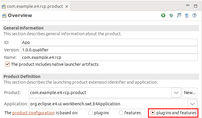 Switching to features and plug-ins in the product configuration file