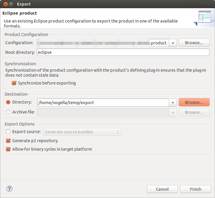 Selecting the output directory in the product export dialog