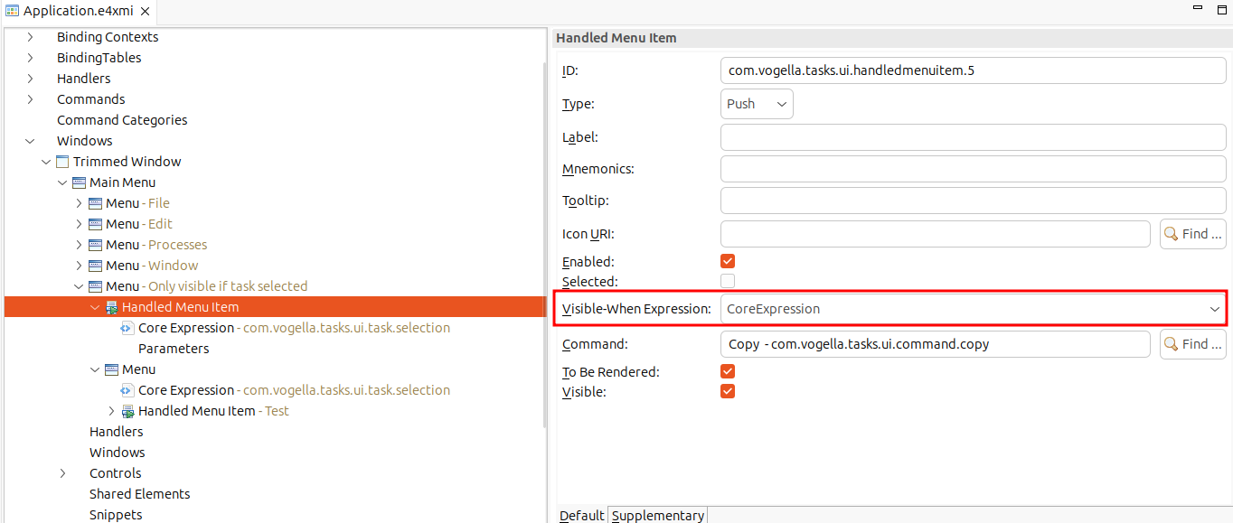 Enabling the core expression for a menu entry