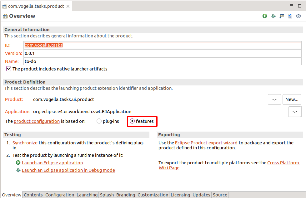 Switching to feature on the product configuration file