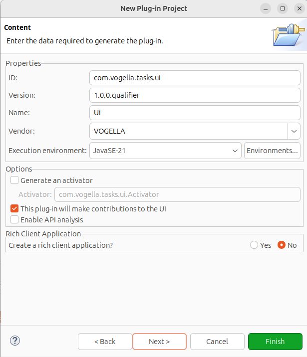 Second page of the Eclipse Plug-in Wizard specifying the plug-in ID