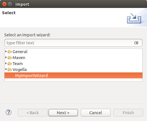 Import dialog containing the MyNewWizard