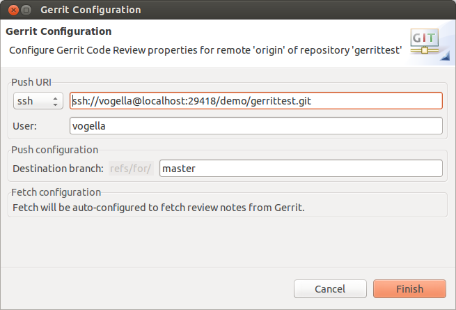 Gerrit configuration in the Git repository view