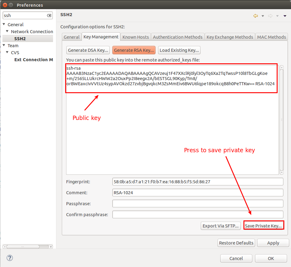 Generating a SSH key via the Eclipse IDE