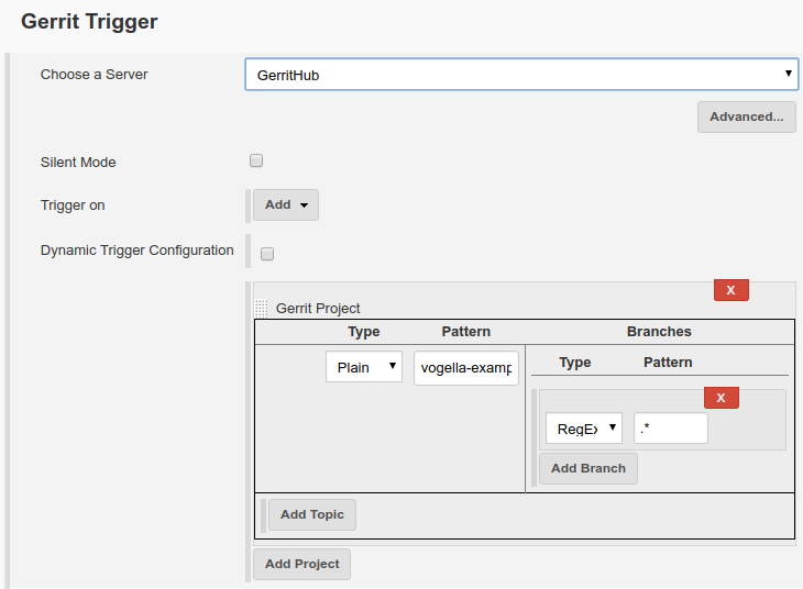 Jenkins Project configuration page with Gerrit Trigger configuration