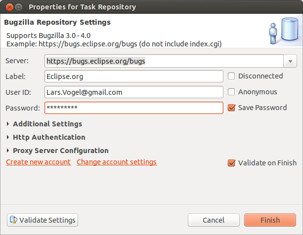 Eclipse Bugzilla connection in Mylyn