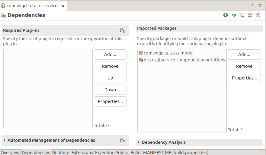 OSGi service Manifest dependencies