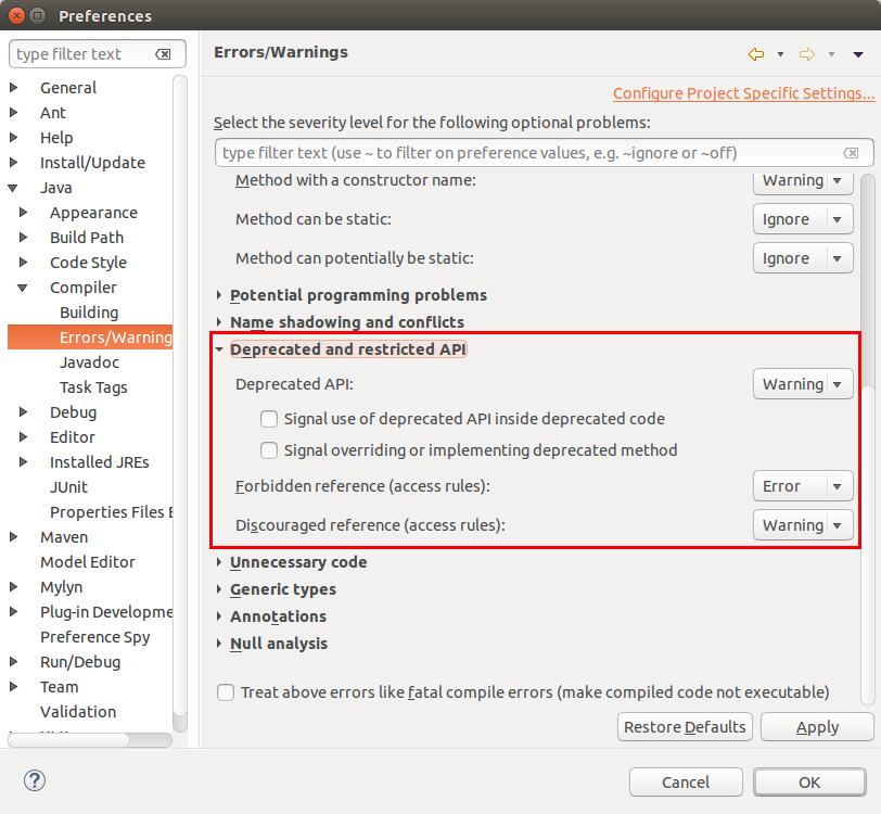 Settings in Eclipse for warnings for deprecated API usage