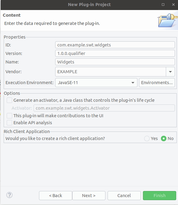 New Plug-in Projec Wizard Page 2